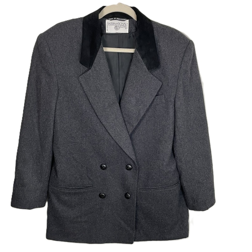 VTG International Scene 9/10 Wool Blazer Dark‎ Gray Suede Collar Double Breasted